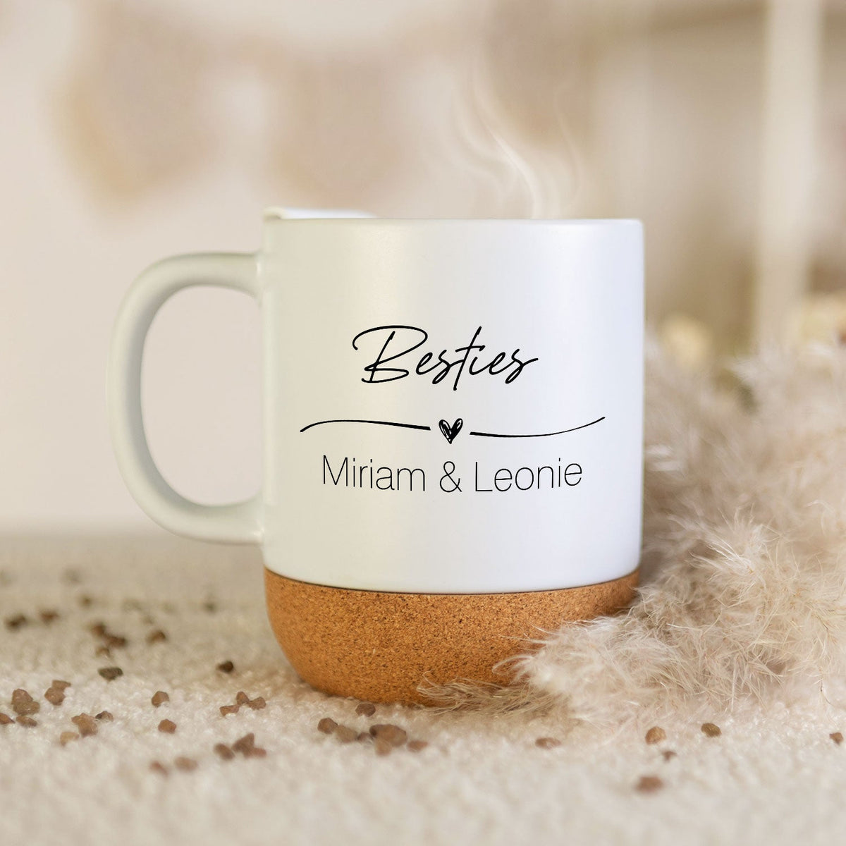 Bedruckte Tasse mit Korksockel & Deckel - Wunschtext V1