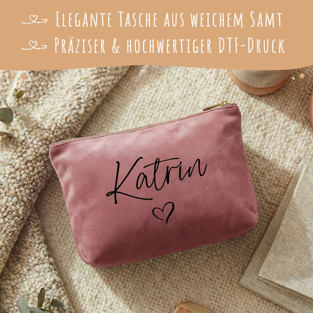 Personalisierte Samt Kosmetiktasche mit Name für Kosmetik & MakeUp