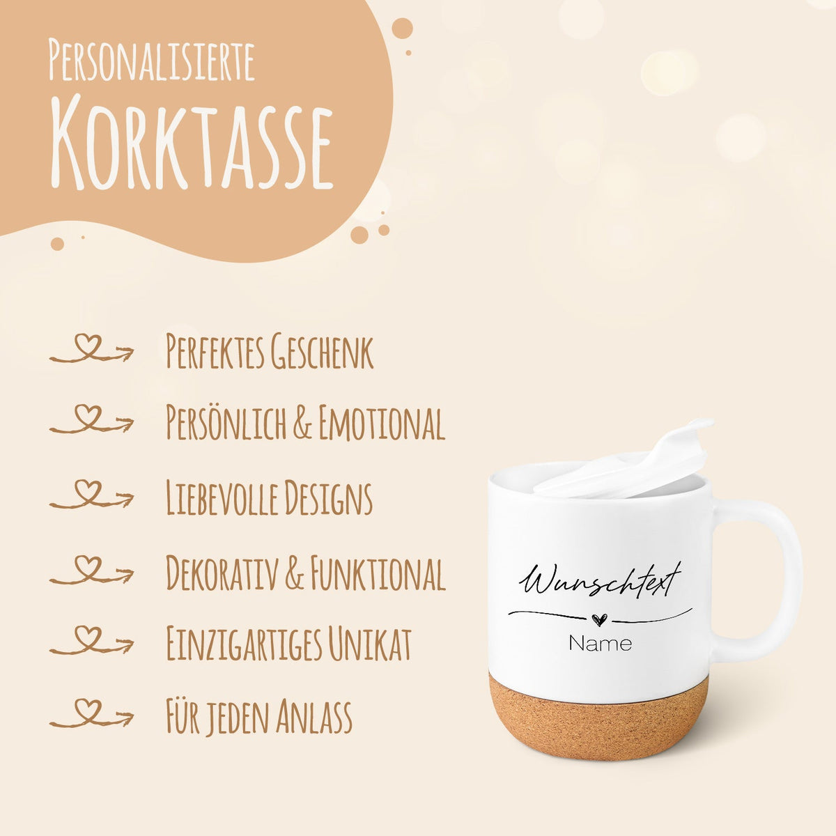 Bedruckte Tasse mit Korksockel & Deckel - Wunschtext V1
