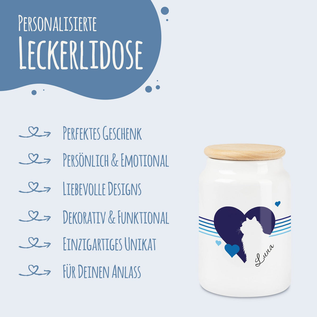 Personalisierte Leckerlidose mit Namen – Herz-Silhouette, 650 ml