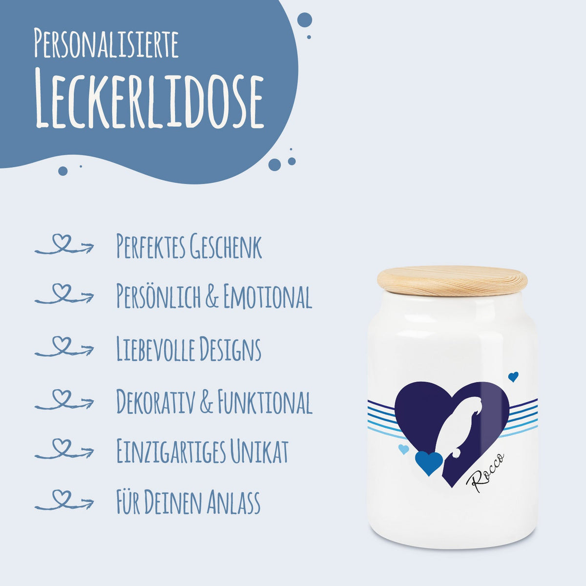 Personalisierte Leckerlidose mit Namen – Herz-Silhouette, 650 ml