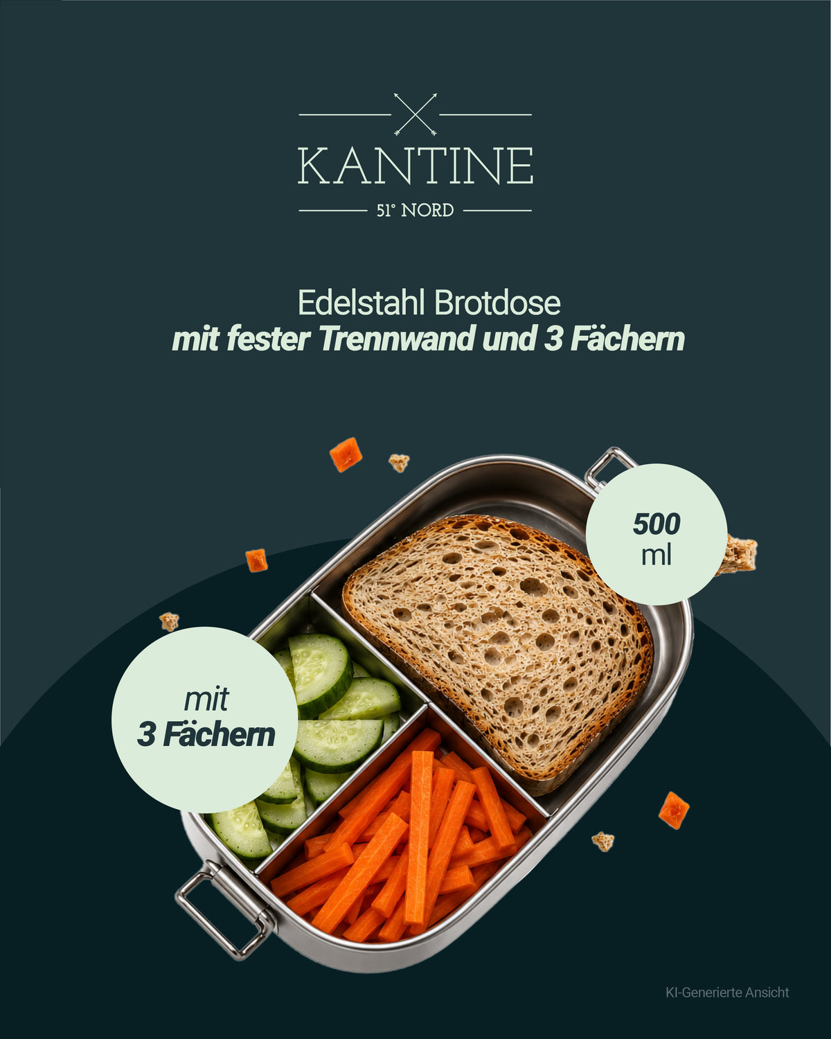 Maya III Edelstahl-Brotdose mit 3 Fächern – 500 ml