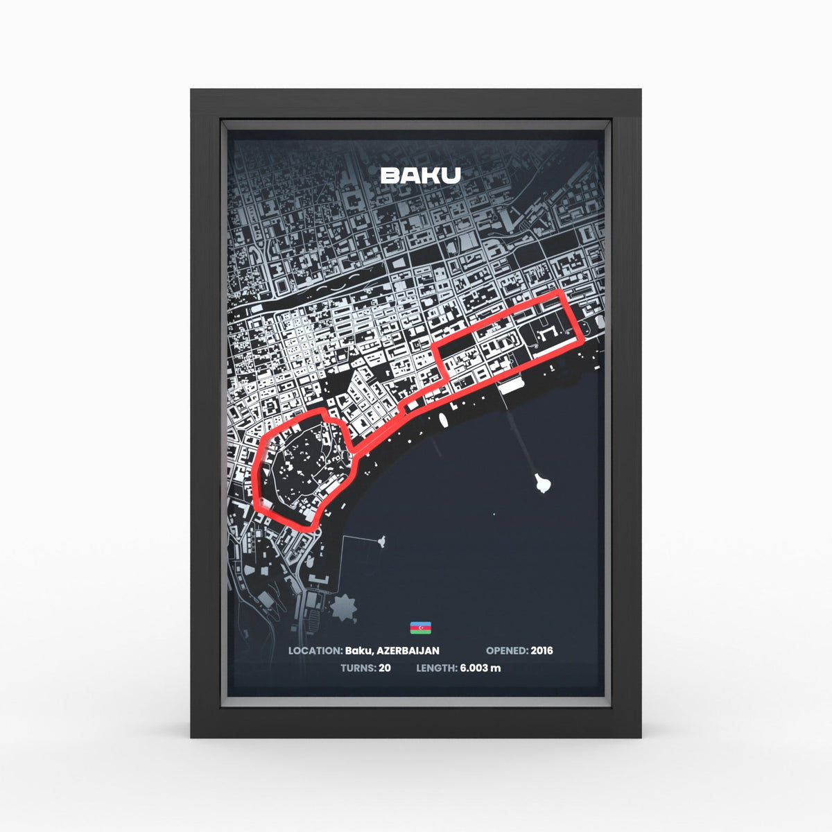Baku – 3D-Rennstreckenbild im Holzrahmen