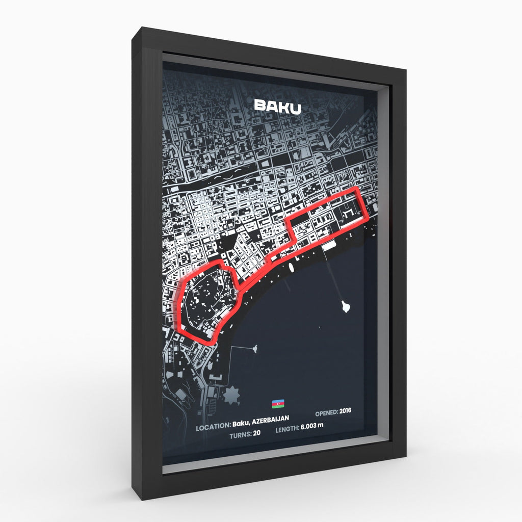 Baku – 3D-Rennstreckenbild im Holzrahmen