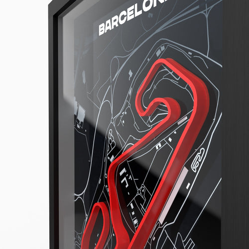 Barcelona – 3D-Rennstreckenbild im Holzrahmen