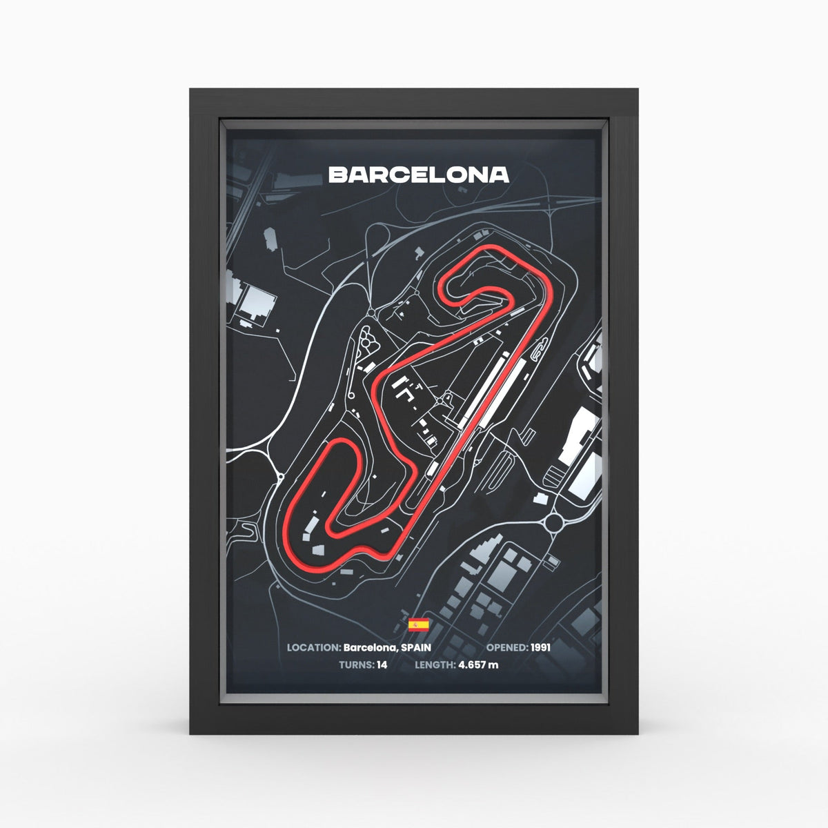 Barcelona – 3D-Rennstreckenbild im Holzrahmen