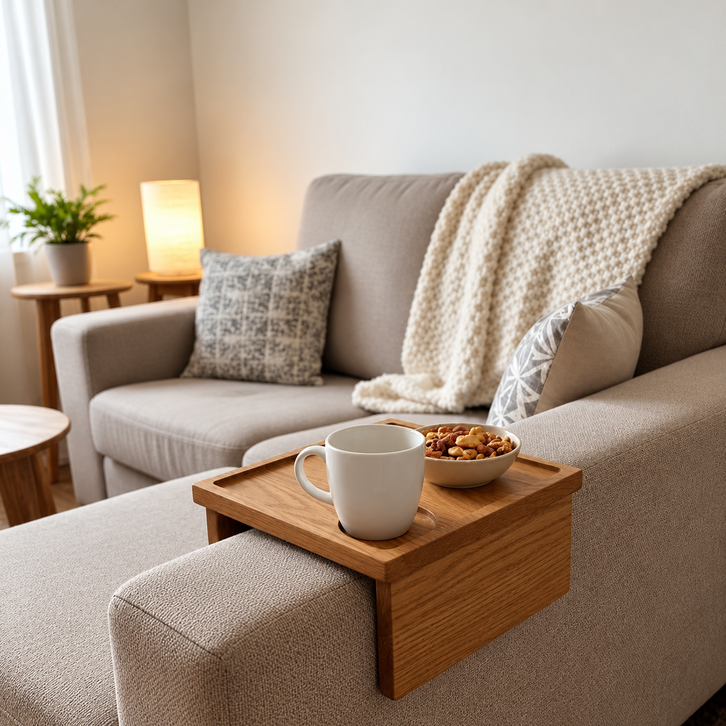 Relaxa Sofa-Armlehnenablage aus Massivholz – Eiche oder Nussbaum