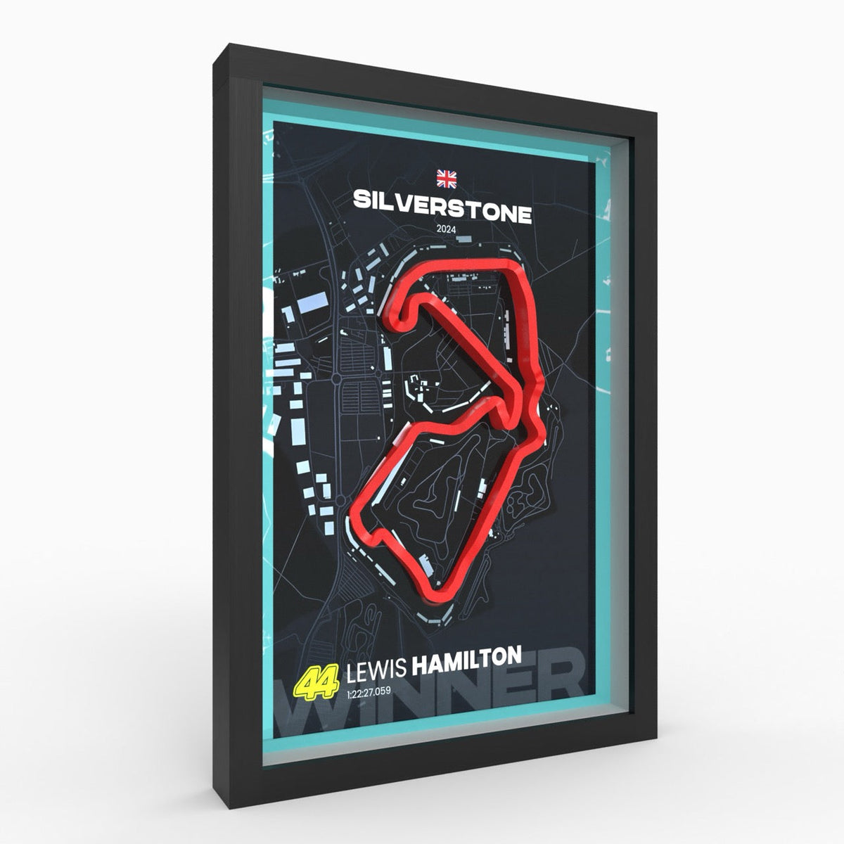 Silverstone – 3D-Rennstreckenbild im Holzrahmen