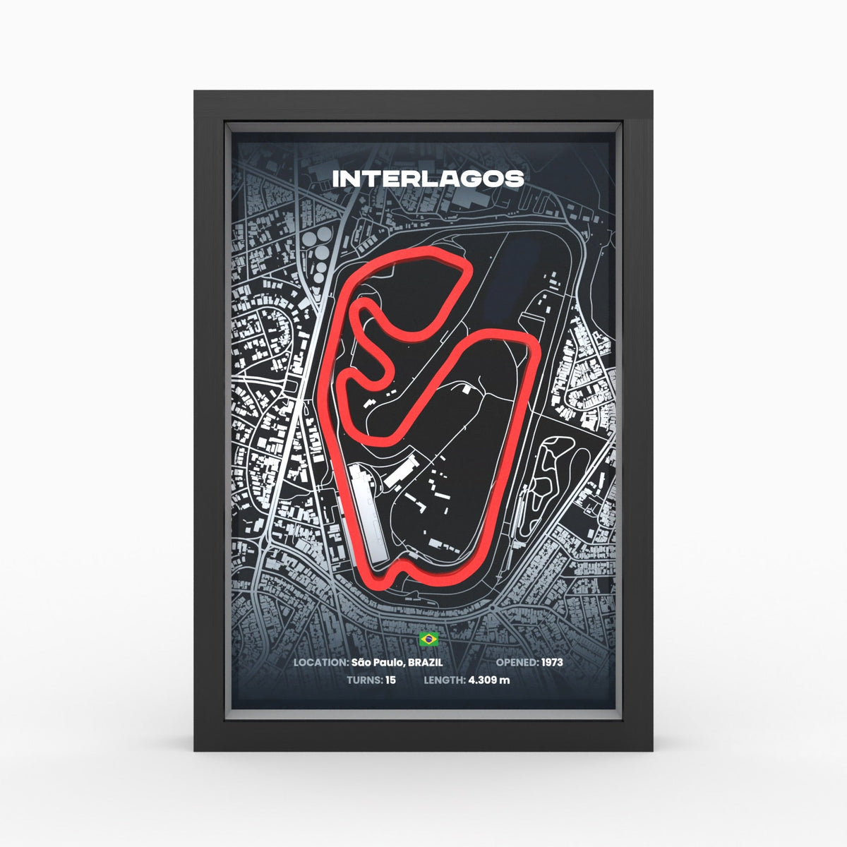 Brasilien – Interlagos 3D-Rennstreckenbild im Holzrahmen