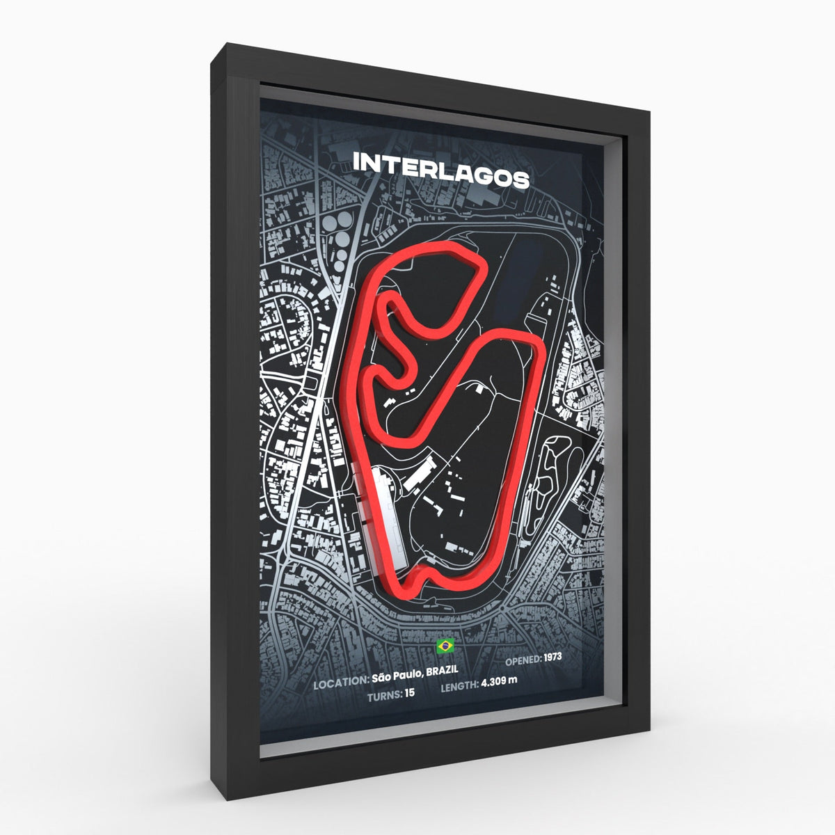 Brasilien – Interlagos 3D-Rennstreckenbild im Holzrahmen