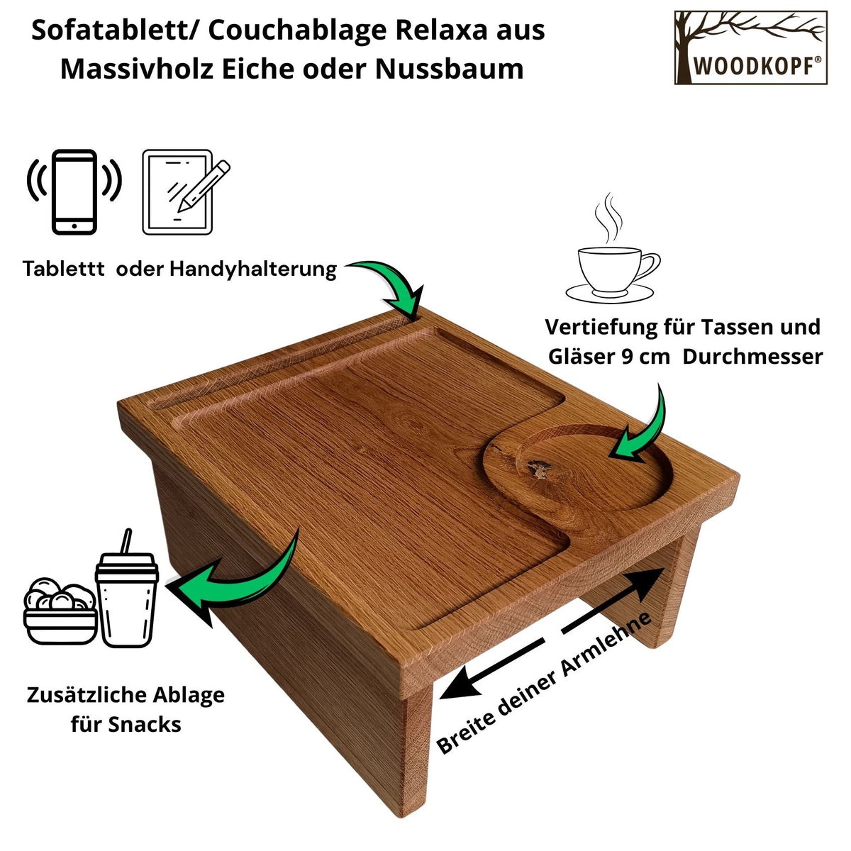 Relaxa Sofa-Armlehnenablage aus Massivholz – Eiche oder Nussbaum