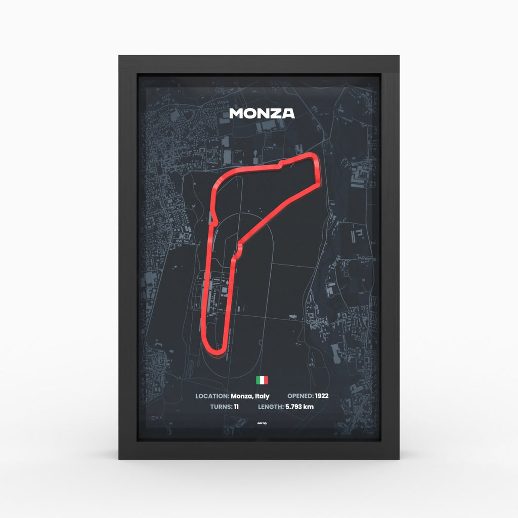Monza – 3D-Rennstreckenbild im Holzrahmen