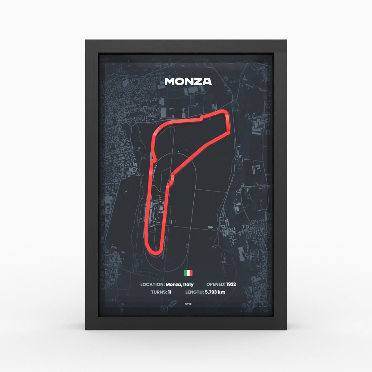 Monza – 3D-Rennstreckenbild im Holzrahmen