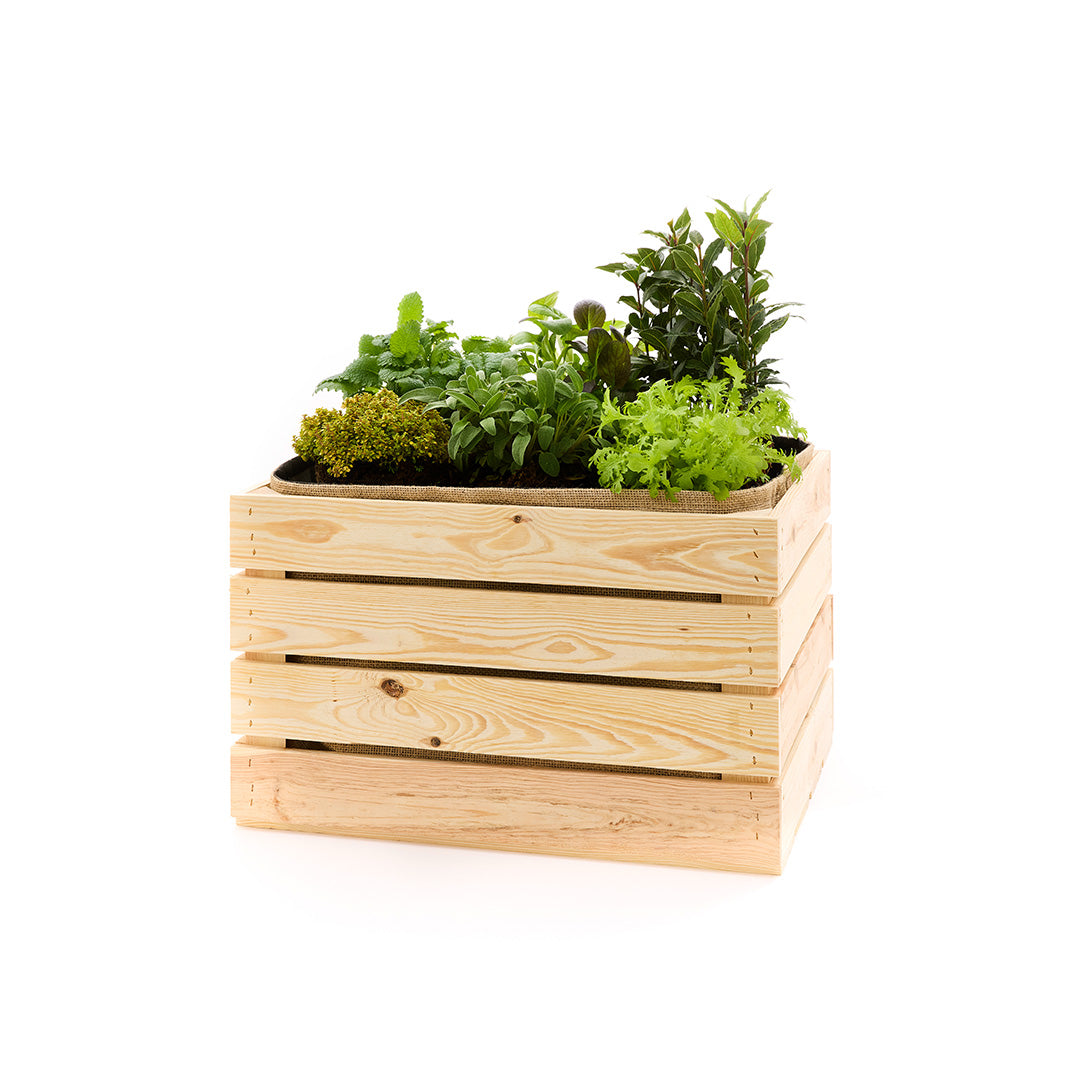Pflanzkiste aus Holz mit Juteeinsatz – 50 × 40 × 30 cm