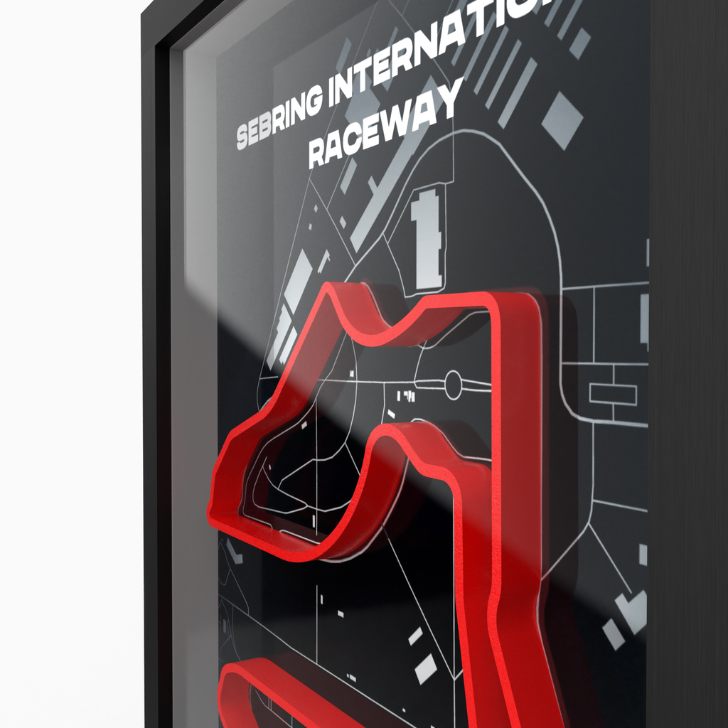 Sebring – 3D-Rennstreckenbild im Holzrahmen