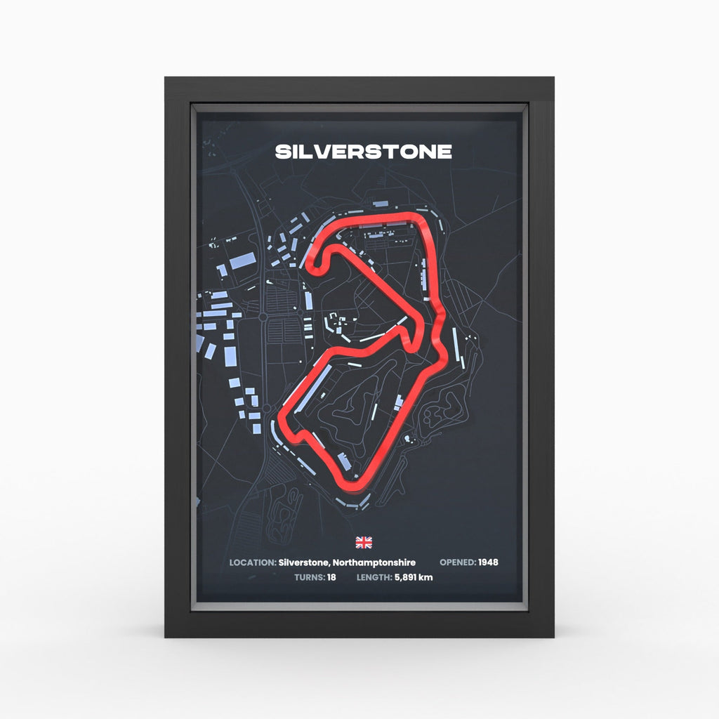 Silverstone – 3D-Rennstreckenbild im Holzrahmen