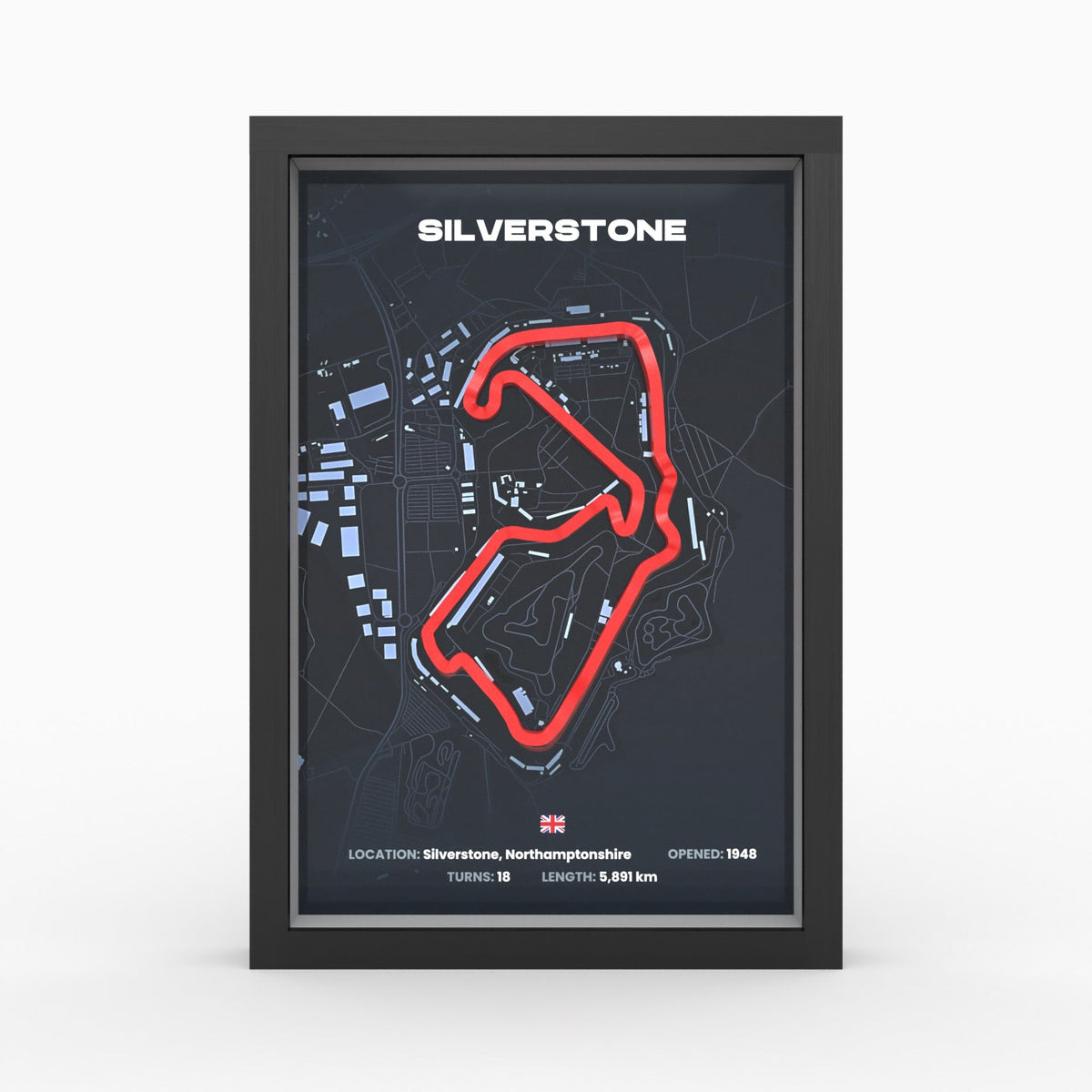 Silverstone – 3D-Rennstreckenbild im Holzrahmen