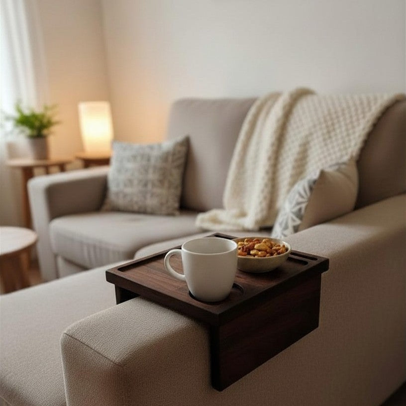 Relaxa Sofa-Armlehnenablage aus Massivholz – Eiche oder Nussbaum